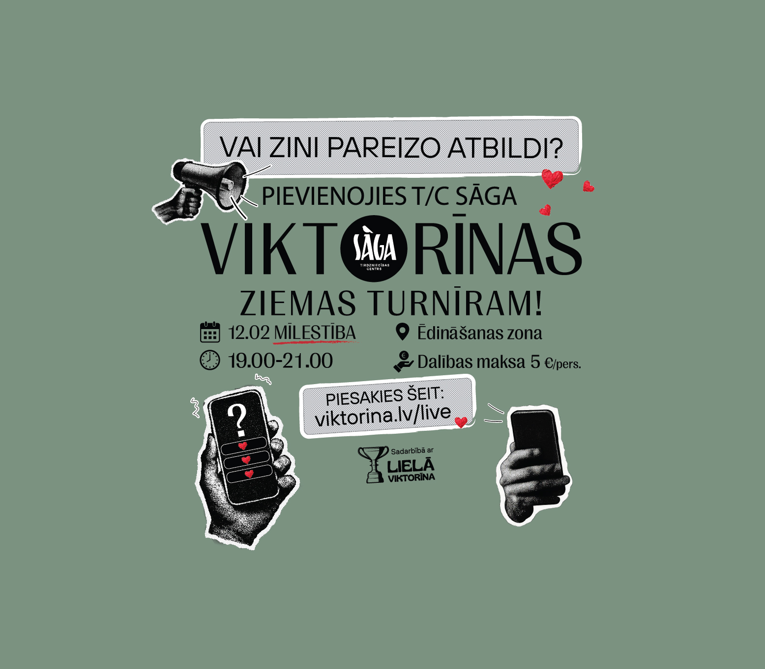 Viktorīnu vakars, tēma "Mīlestība" 12. februārī, plkst. 19.00 - 21.00